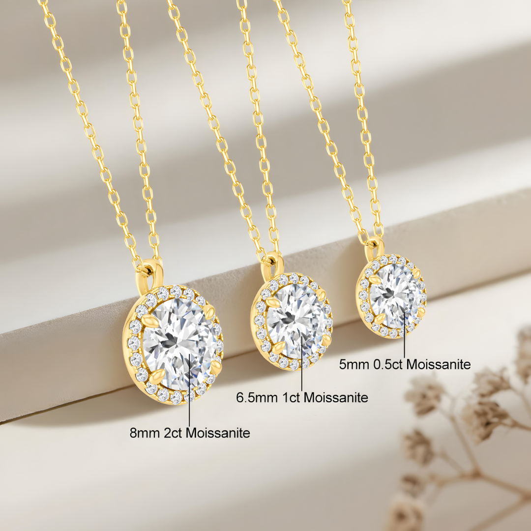 Genuine Moissanite Halo Pendant | 14K Gold Plated Sterling Silver