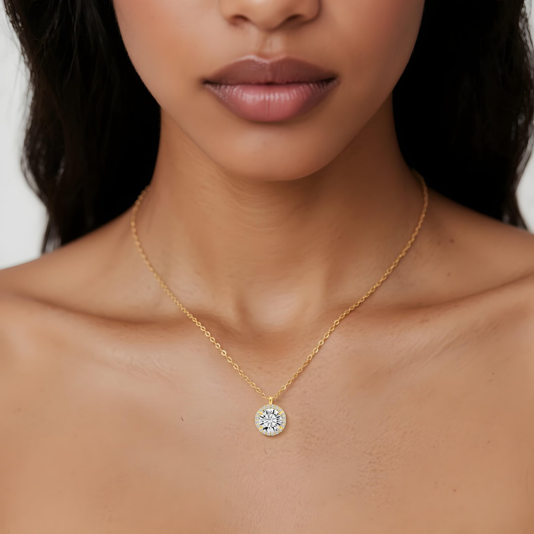 Genuine Moissanite Halo Pendant | 14K Gold Plated Sterling Silver