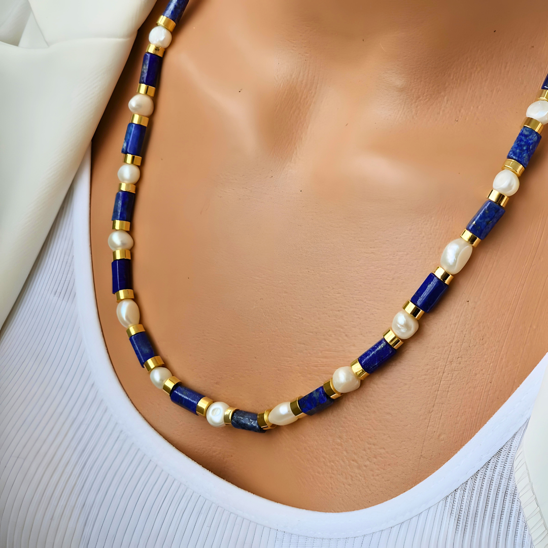 Camila Blue Lapis & White Pearl Necklace