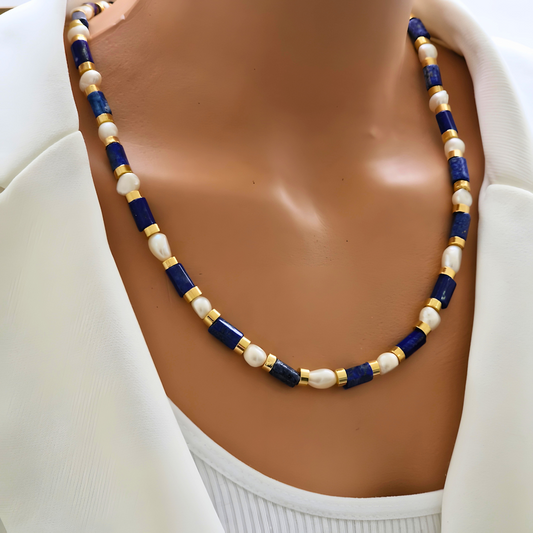 Camila Blue Lapis & White Pearl Necklace