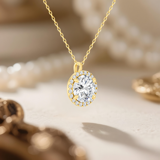 Genuine Moissanite Halo Pendant | 14K Gold Plated Sterling Silver